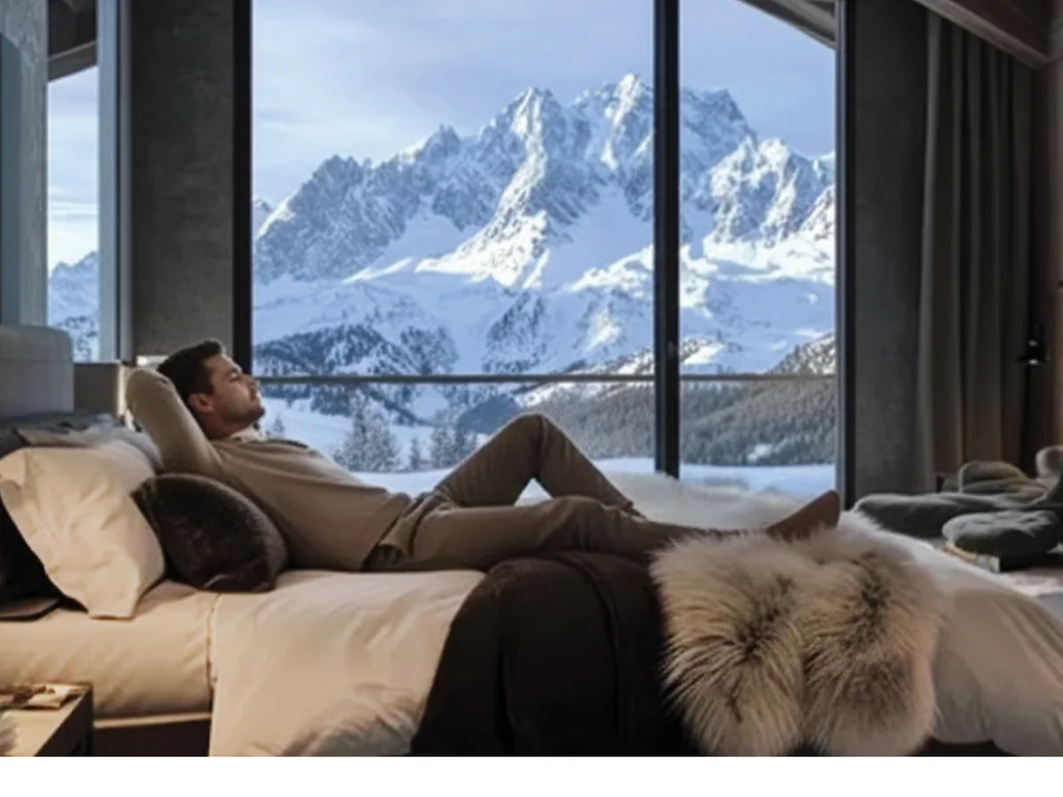 Dreamwool campaign creative: a man resting on a wool bed in an alpine chalet with snow-capped mountains through the window