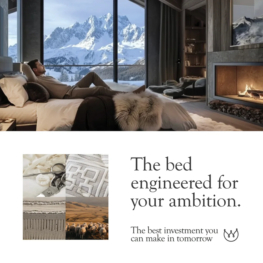 Dreamwool 'The bed engineered for your ambition' campaign creative, alpine chalet bedroom with a fireplace and snow-capped mountains