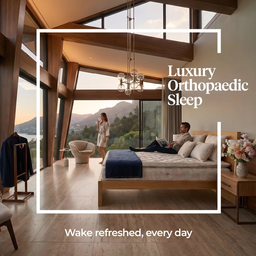 Dreamwool 'Luxury Orthopaedic Sleep' square creative, architectural bedroom at dusk