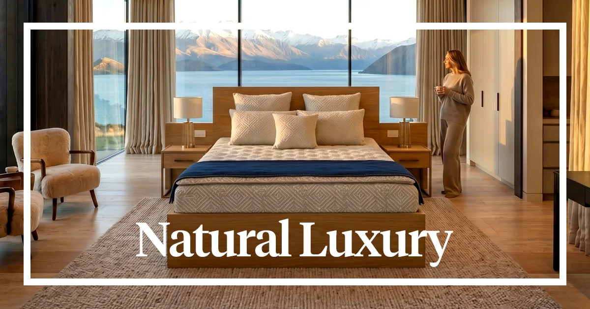 Dreamwool 'Natural Luxury' landscape banner creative, lakeside bedroom