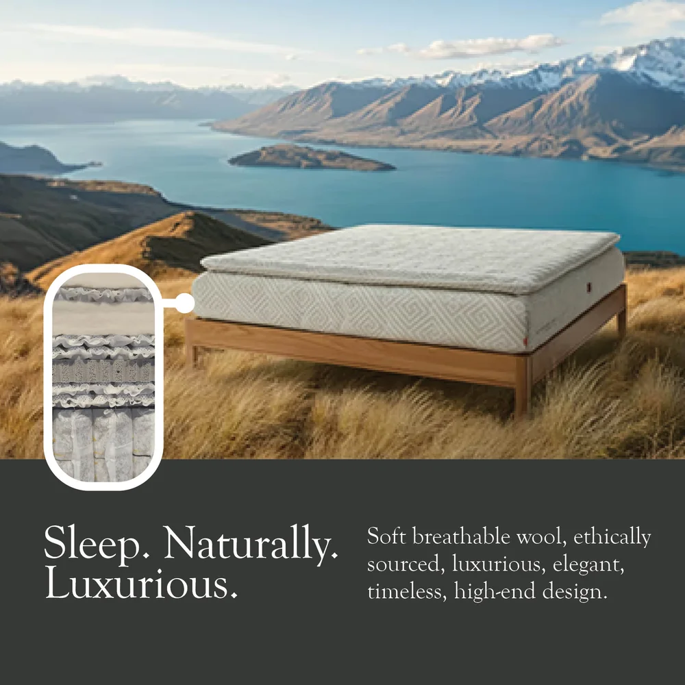 Dreamwool wool mattress on a wooden frame overlooking a New Zealand alpine lake, AI-generated campaign environment