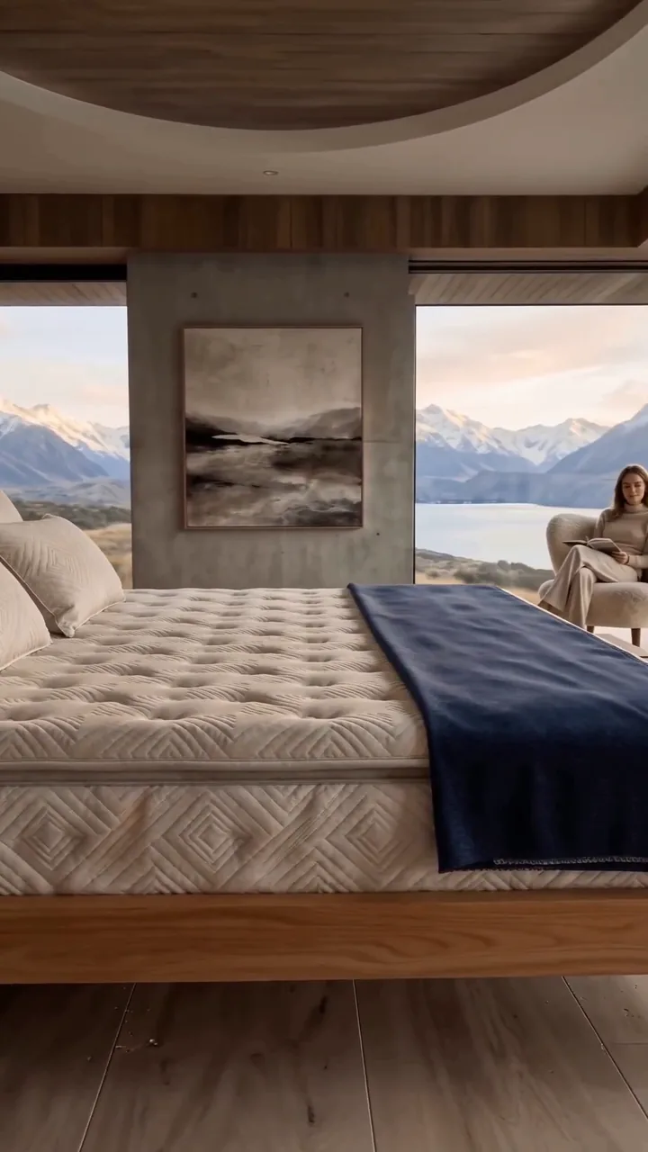 Frame from the Dreamwool 'Sleep Perfected' video advert: a couple with morning coffee in an alpine lake house