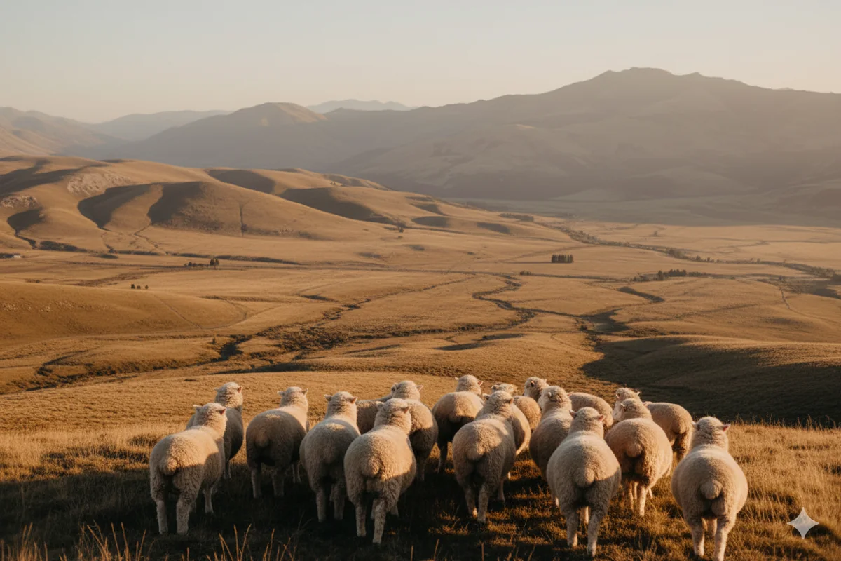 Provenance creative: merino sheep in the New Zealand high country at golden hour
