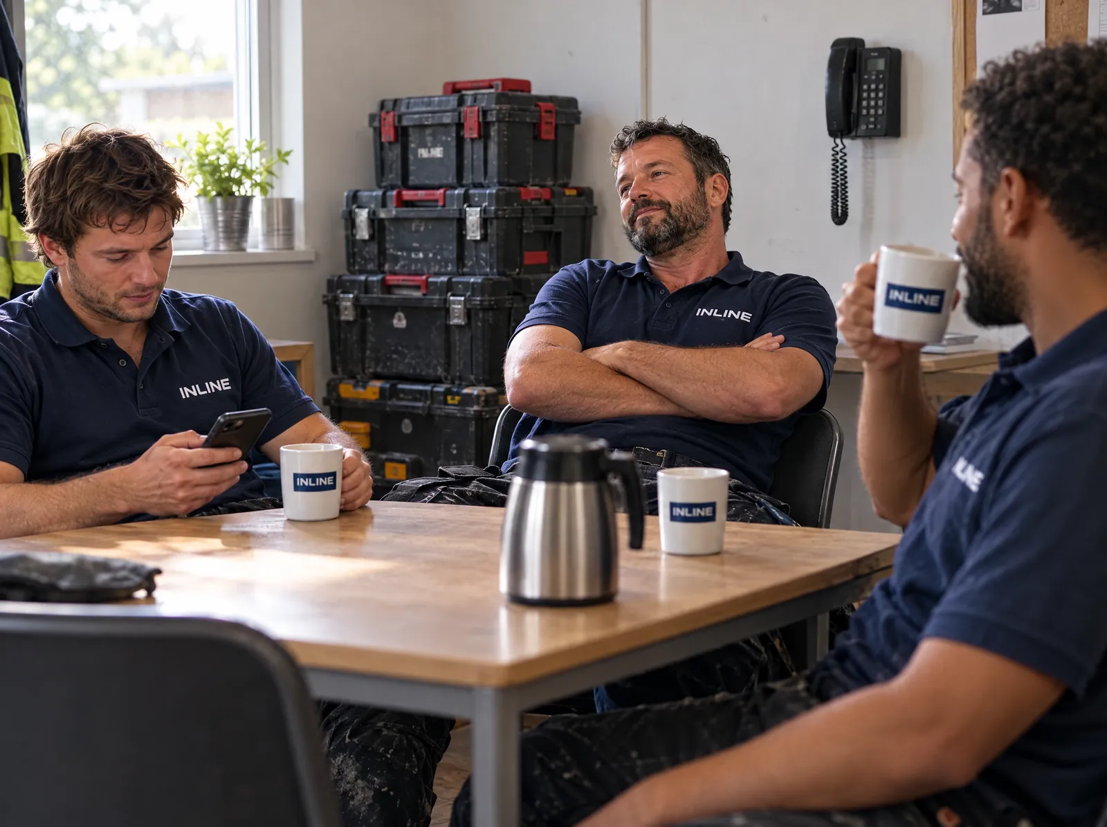 Inline plumbers sitting idle in the break room with coffee while the phone on the wall stays silent