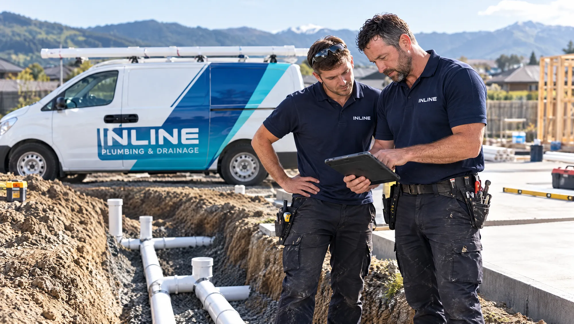 Two Inline plumbers reviewing plans beside the van on a new-build site