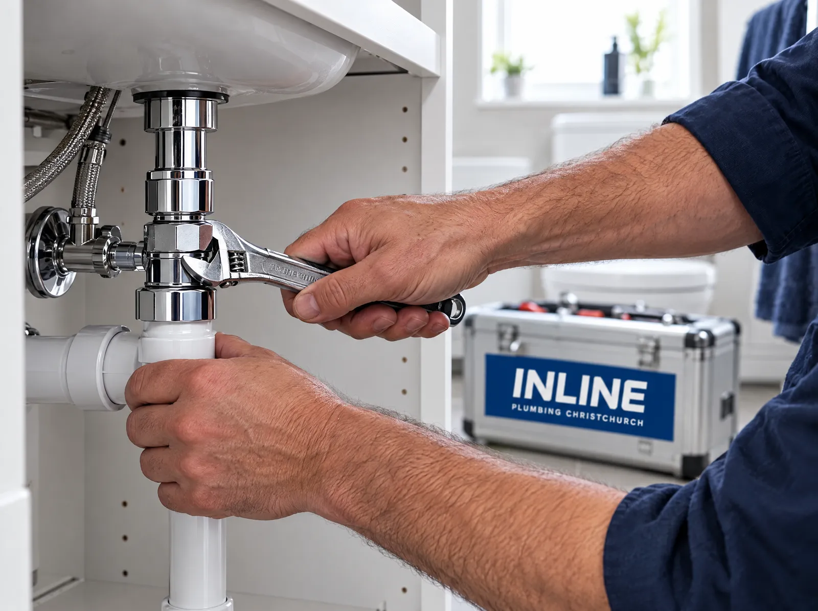 An Inline plumber tightening a chrome fitting under a bathroom vanity