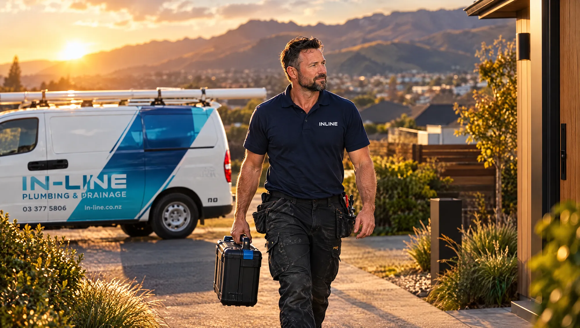An Inline Plumbing plumber walking from the Inline van to a Christchurch home at golden hour