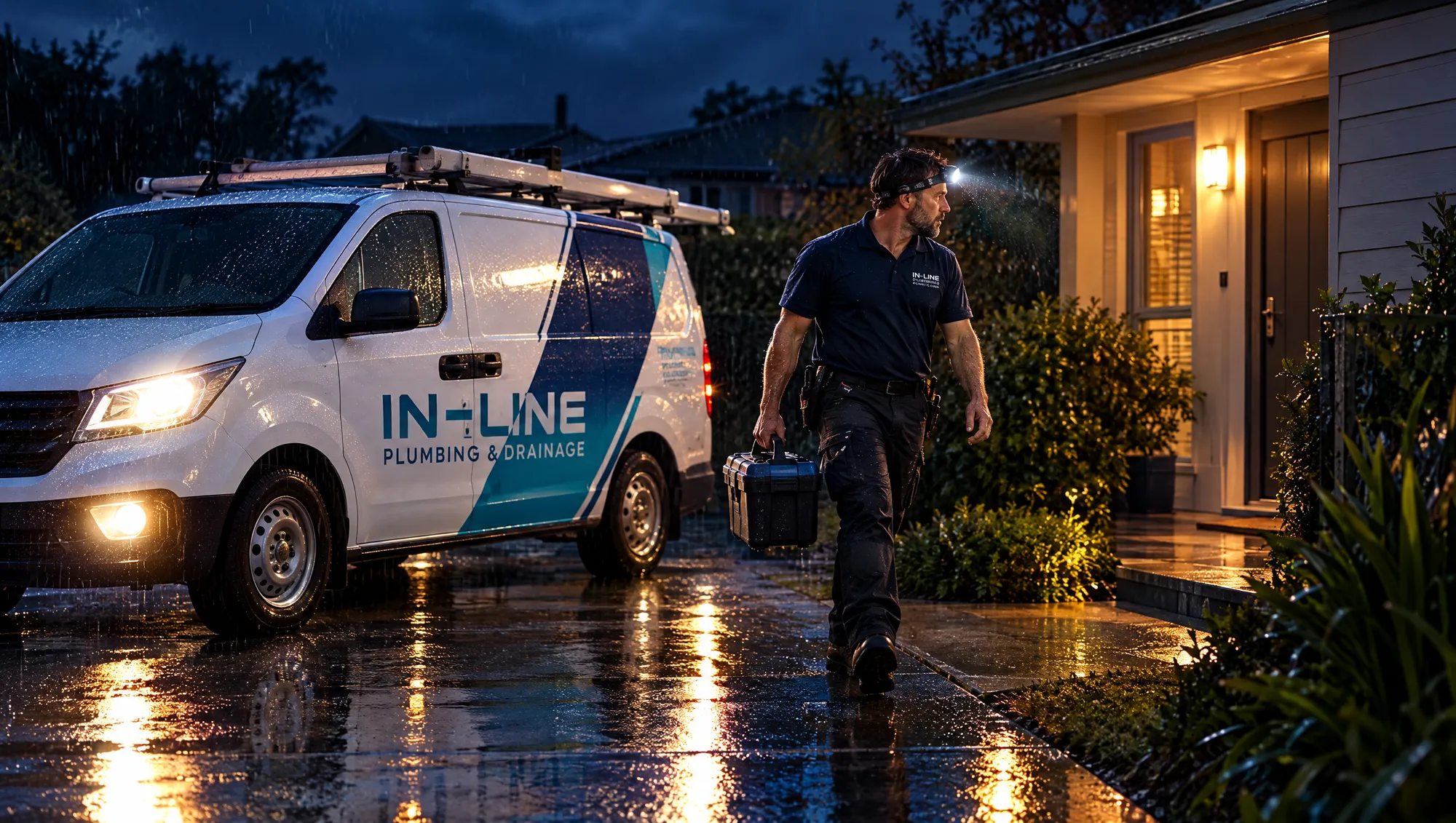 Inline's van arriving at a home for a 24/7 emergency call-out at night