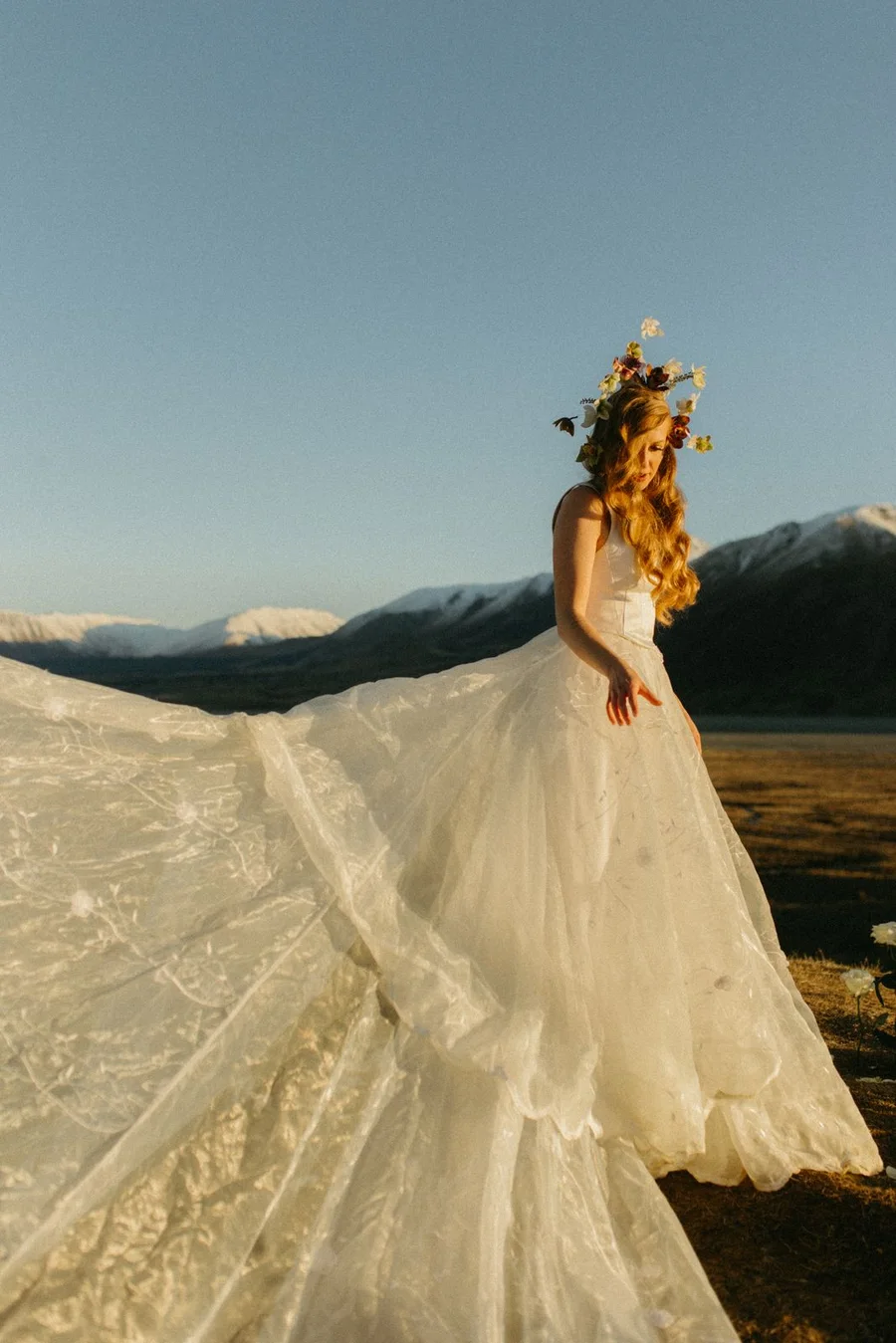Bride in a Sarah Stoute gown photographed in the Canterbury alpine high country