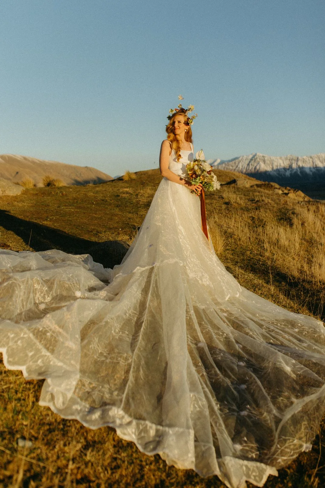 Sarah Stoute bespoke wedding gown with sweeping train in the Canterbury high country