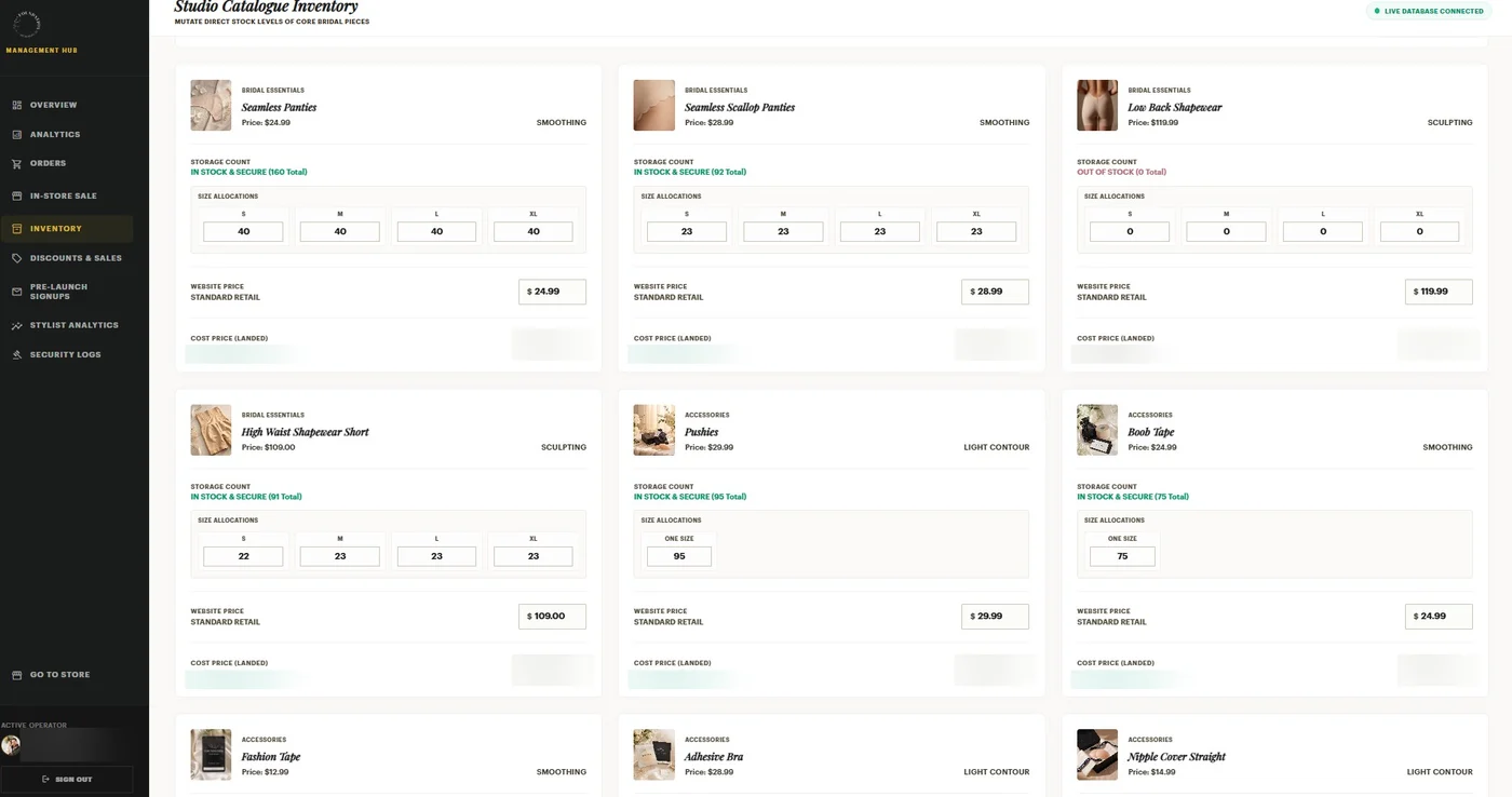 Studio catalogue inventory screen with stock levels by size and editable website pricing