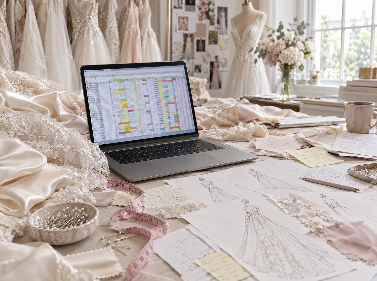 A cluttered spreadsheet on a laptop in a bridal atelier