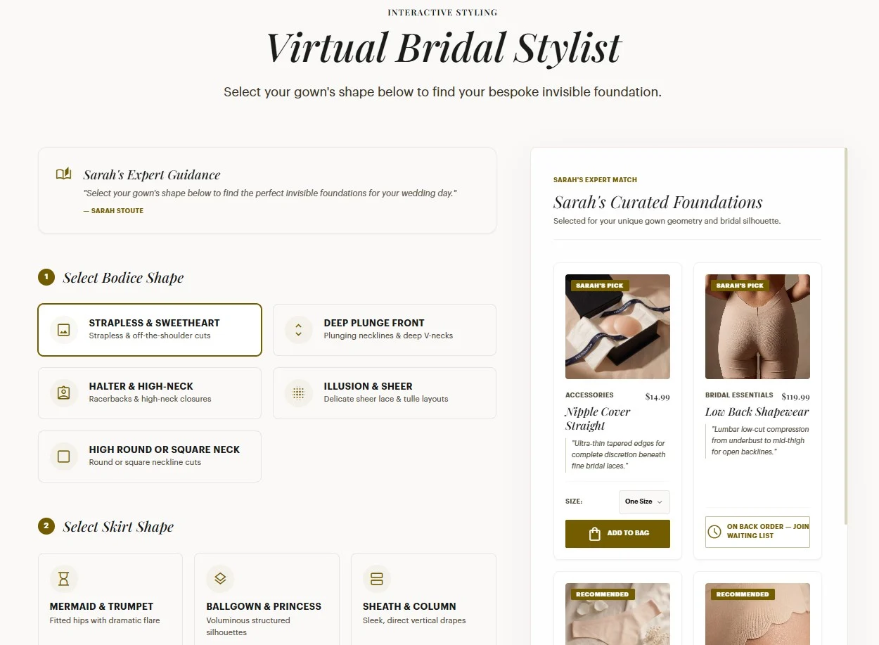 Virtual Bridal Stylist tool on the FOUNDATION website, recommending foundations based on gown shape