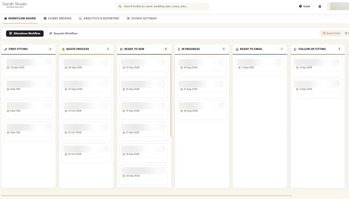 The custom bridal studio workflow board, showing gowns moving through fitting, quote, sewing and delivery stages