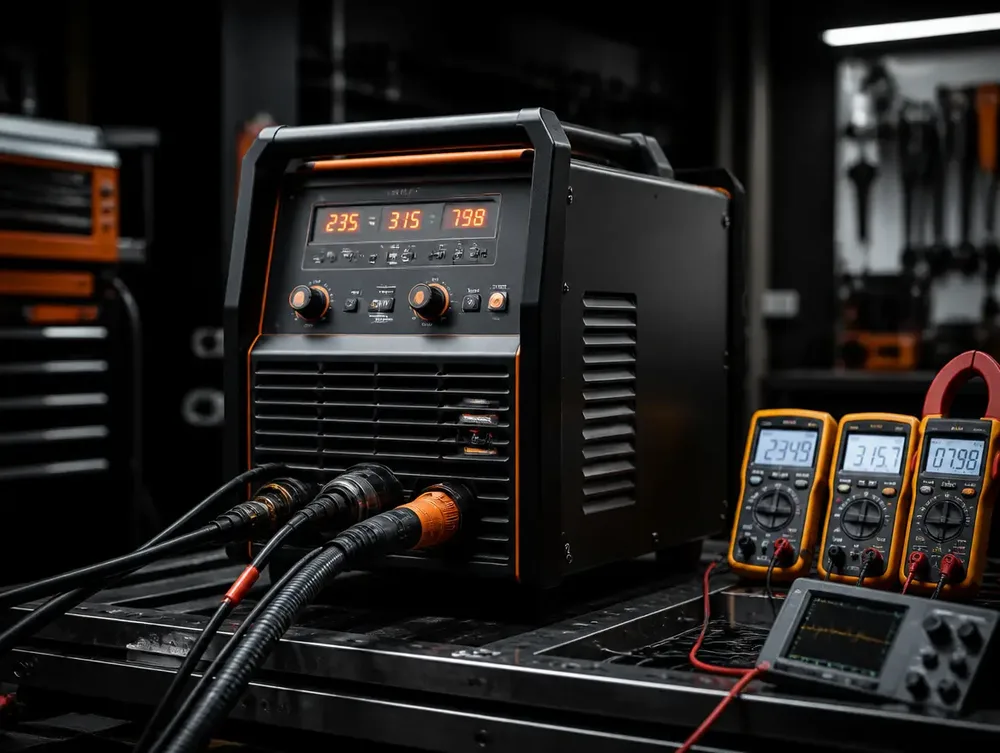 Load-testing equipment verifying a repaired welder against factory specifications