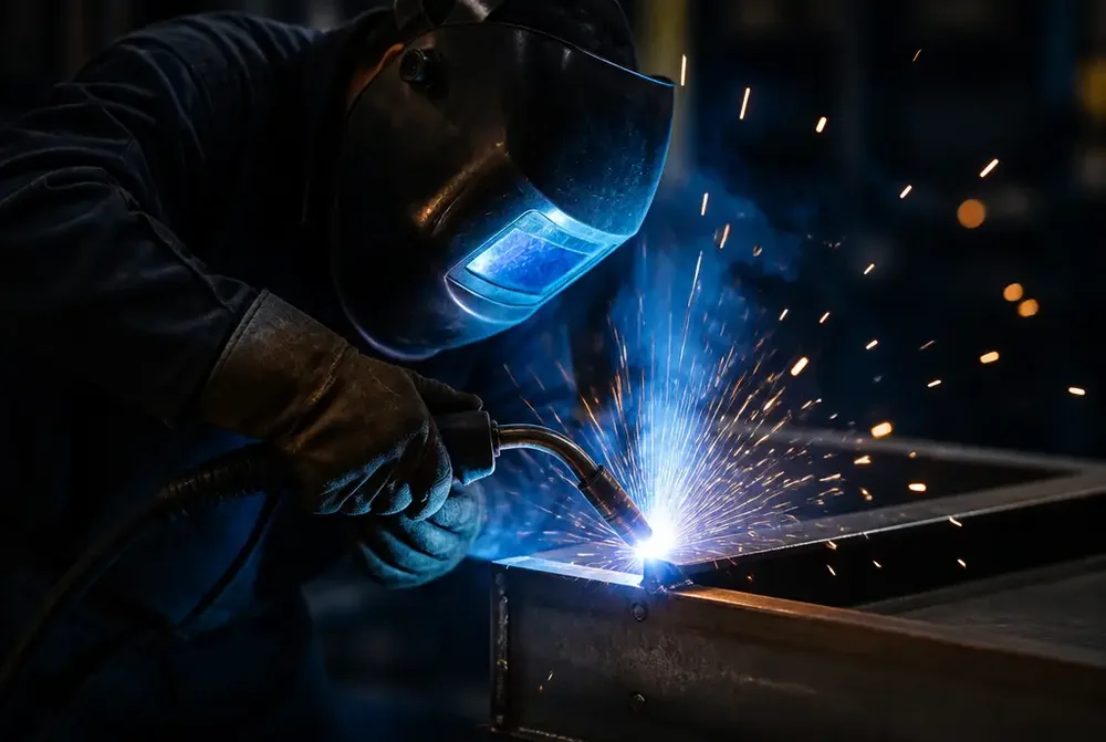 WeldPlus technician repairing an industrial MIG welder